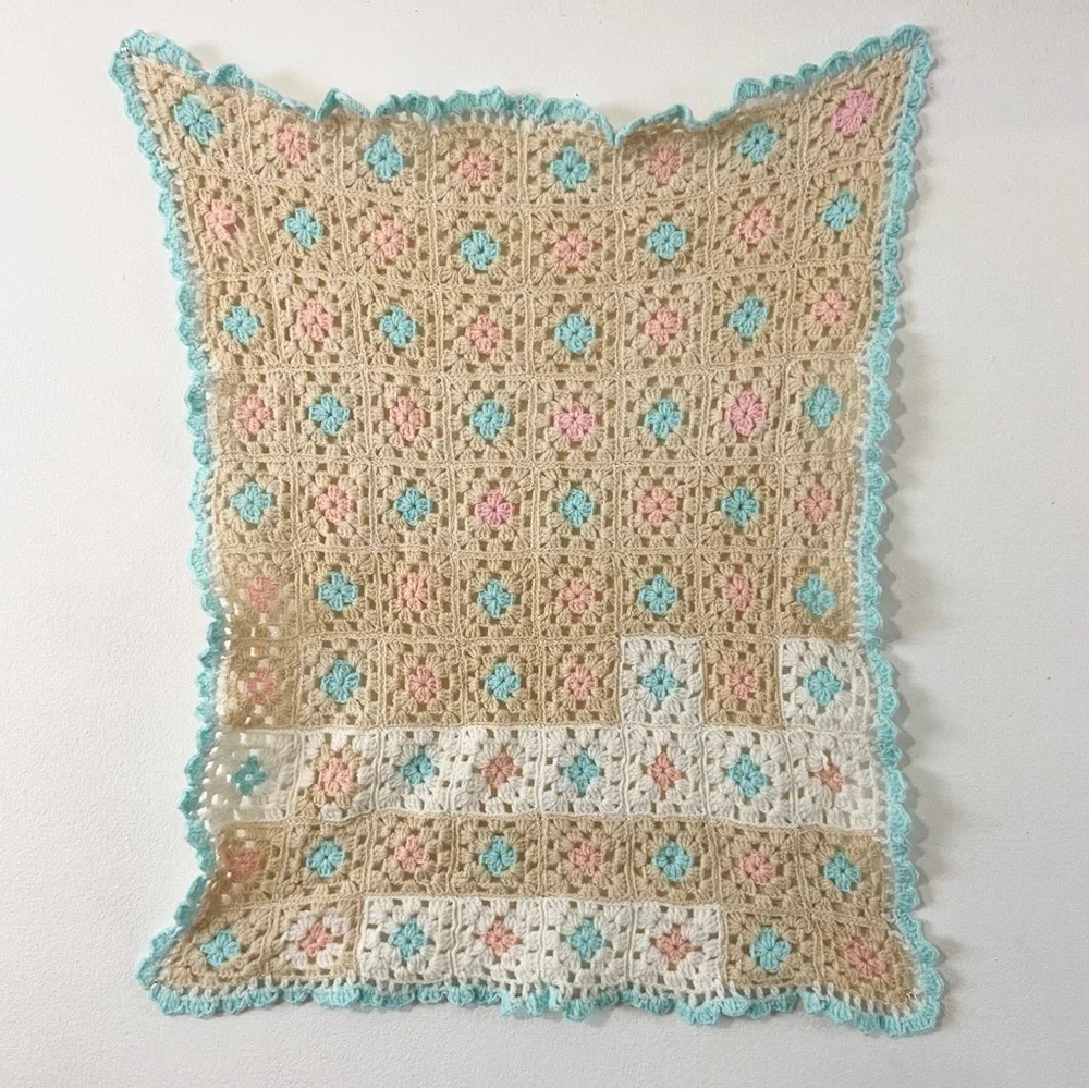 Vintage crochet knit throw blanket pastel baby nursery